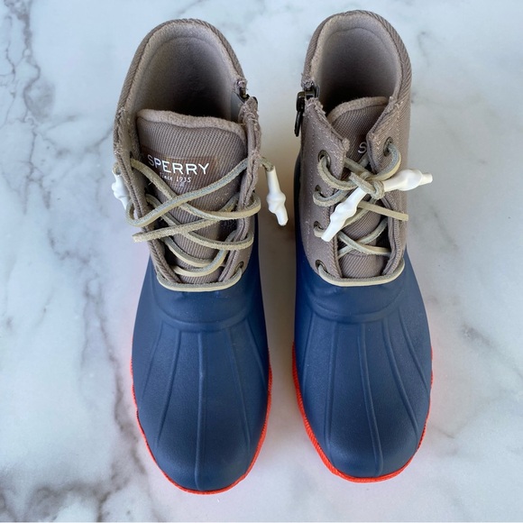 SPERRY Tan Navy Orange Saltwater Waterproof Canvas Duck Boots Microfleece Lining - Picture 4 of 5